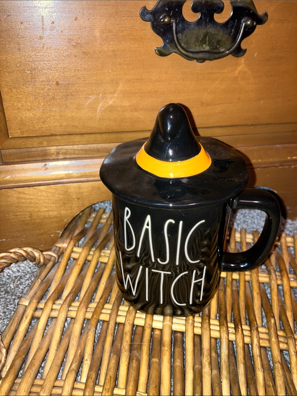 Rae Dunn Black Ceramic 'Basic Witch' Mug with Witch Hat Lid and Orange Band